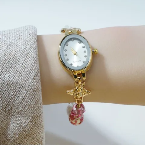 Women Vintage Luxury Gold Oval Quartz Watch Rhinestone Dial Artificial Pearl Flower Beaded Bracelet Wristwatch