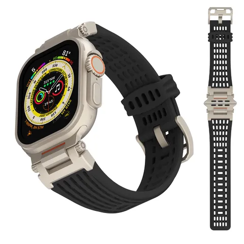 Silicone Replacement Watch Band For Smartwatch Perforated Breathable Strap With Metal Buckle Mecha Style Accessories
