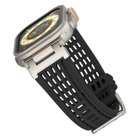 Silicone Replacement Watch Band For Smartwatch Perforated Breathable Strap With Metal Buckle Mecha Style Accessories