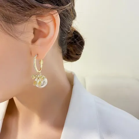 Koreanischer Stil Legierung Schleife Perle Creolen Mit 925 Sterlingsilber Stift Strass Mode Schmuck Für Damen