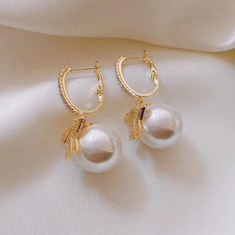 Koreanischer Stil Legierung Schleife Perle Creolen Mit 925 Sterlingsilber Stift Strass Mode Schmuck Für Damen