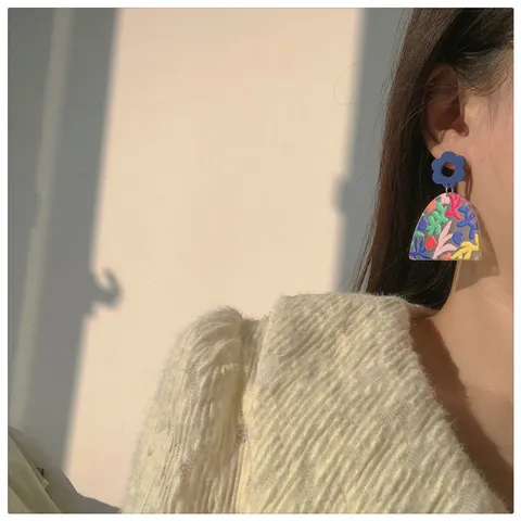 Koreanisch Geometrisch Bunt Acryl Blumen Hänge Ohrringe Mit 925 Sterlingsilber Ohrstecker-Stift Mode Schmuck Für Damen