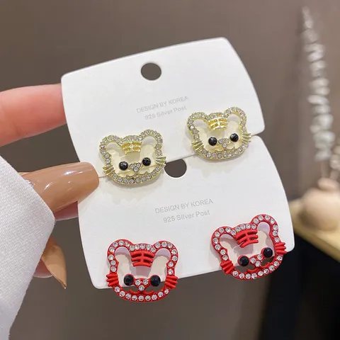 Süße Tiger Sternzeichen Ohrstecker Legierung Strass Mit 925 Sterlingsilber Stift Rot Gold Modeschmuck Geschenk Für Damen