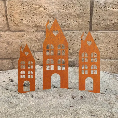 Piquet de Jardin Silhouette de Maison Château en Fonte Rouillée Art de Cour en Métal Couleur Rouille Maison Cœur Décoration de Pelouse Extérieure