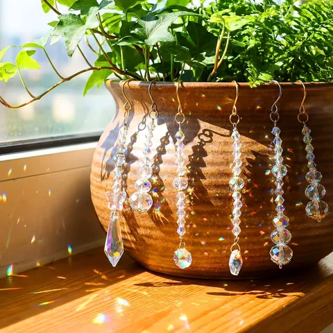 AB Color Crystal Sun Catcher Hanging Pendant Set Rainbow Prism Flowerpot Garden Decor Window Ornament