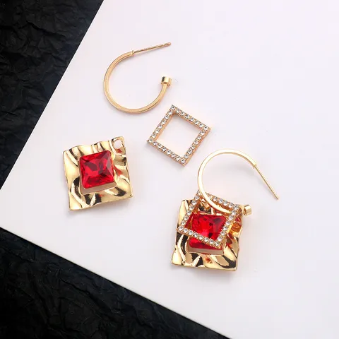 Koreanische Geometrische Quadratische Rote Kristall Legierung Ohrstecker Mit Strass Und 925 Silber Stift Modeschmuck Für Damen