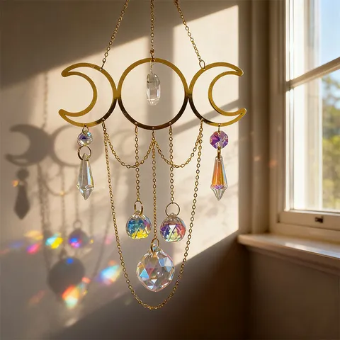 Kristall Sonnenfänger Windspiel Dreifach Mond Hängender Anhänger Naturstein Metall Goldener Fenster Garten Dekor