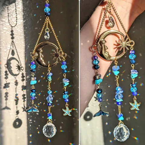 Crystal Suncatcher Hanging Pendant Dream Catcher With Moon Starfish Blue Beads Crystal Ball For Home Room Window Decor