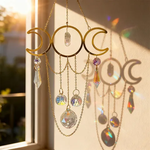 Kristall Sonnenfänger Windspiel Dreifach Mond Hängender Anhänger Naturstein Metall Goldener Fenster Garten Dekor
