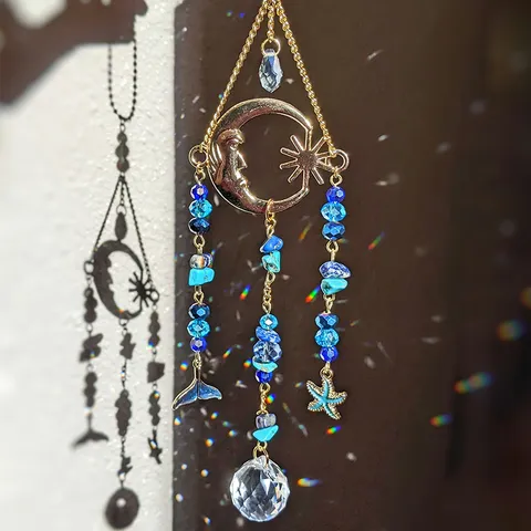 Crystal Suncatcher Hanging Pendant Dream Catcher With Moon Starfish Blue Beads Crystal Ball For Home Room Window Decor