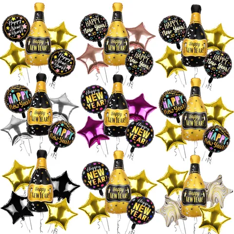 Ensemble de Ballons en Aluminium Bouteille de Champagne et Étoile Happy New Year pour Décoration de Fête de Noël et Nouvel An