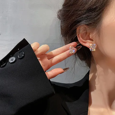 Asymmetrisch Chinesisch Zeichen Strass Ohrstecker Legierung 925 Sterlingsilber Ohrstecker-Stift Mode Damen Schmuck