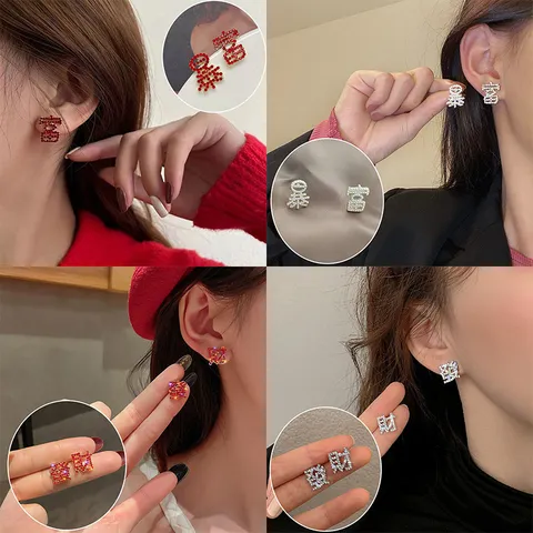 Asymmetrisch Chinesisch Zeichen Strass Ohrstecker Legierung 925 Sterlingsilber Ohrstecker-Stift Mode Damen Schmuck