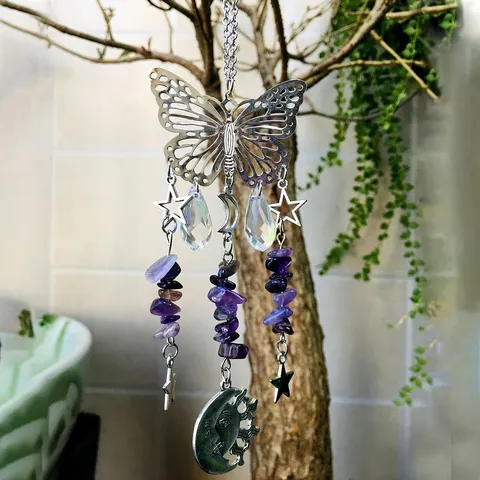 Crystal Prism Sun Catcher Butterfly Moon Sun Hanging Pendant Window Garden Car Decor Healing Crystal Stones Ornament