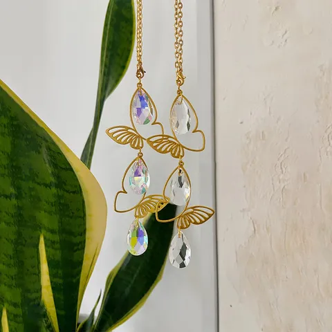 Gold Butterfly Crystal Sun Catcher Hanging Ornament Rainbow Prism Ball Window Garden Home Decor Gift