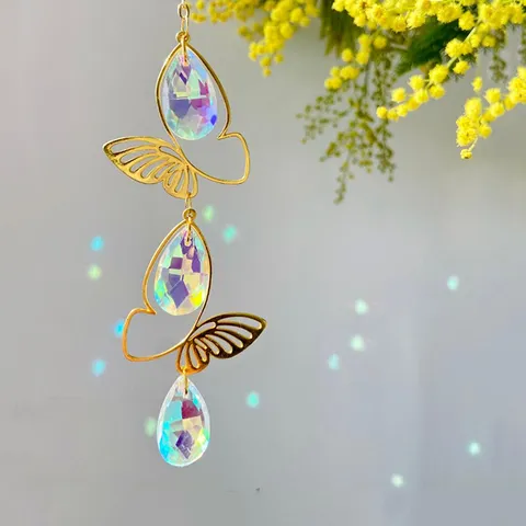 Gold Butterfly Crystal Sun Catcher Hanging Ornament Rainbow Prism Ball Window Garden Home Decor Gift