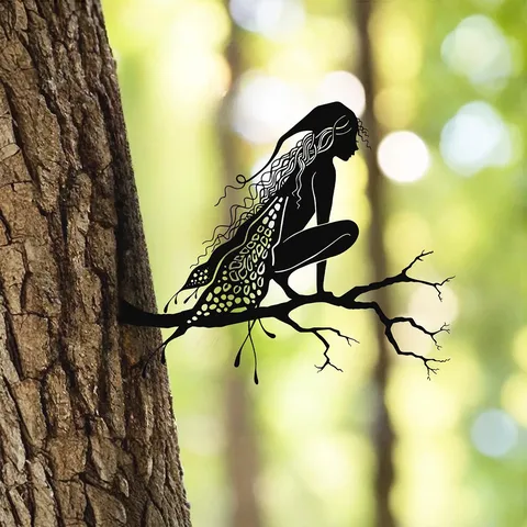 Metal Iron Fairy Tree Stake Silhouette Garden Fence Outdoor Yard Art Decoration
