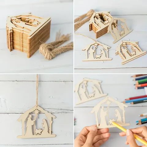 Houten Kerststal Hangende Ornamenten Lasergesneden Opengewerkt Jezus Geboorte Plakettes DIY Schilderkunst Kerst Decor