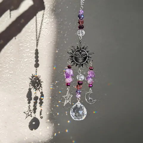 Natural Amethyst Crystal Sun Catcher Sun Goddess Star Moon Hanging Ornament Window Prism Rainbow Maker Home Party Decor