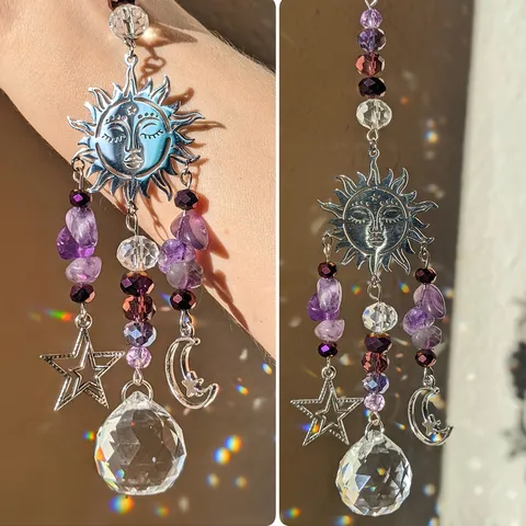 Natural Amethyst Crystal Sun Catcher Sun Goddess Star Moon Hanging Ornament Window Prism Rainbow Maker Home Party Decor