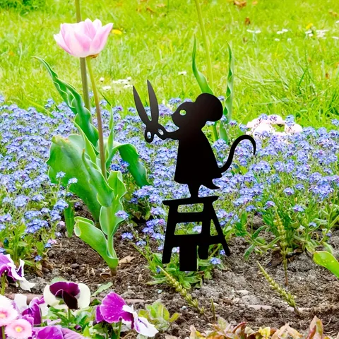 Piquet de Jardin en Métal Silhouette Art Décoratif Pelouse Signe Créatif Animal Petite Souris avec Ciseaux