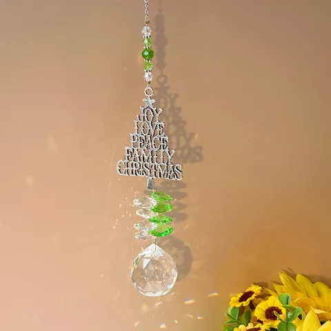 Suncatcher Christmas Tree Crystal Hanging Ornament Rainbow Maker Metal Rock Crystal Ball Pendant For Garden Window Decor