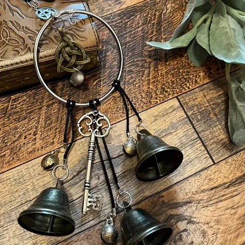 Wiccan Witch Wind Chime Retro Metal Copper Bells Pentagram Knot Hanging Pendant For Home Room Window Door Decoration