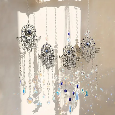 Evil Eye Sun Catcher Crystal Pendant Hamsa Hand Hanging Ornament Home Window Garden Decor Metal Alloy Clear Prisms