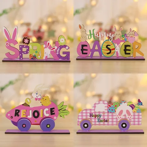 Easter Wooden Tiered Tray Decor Bunny Carrot Tabletop Sign Easter Party Supplies Spring Holiday Home Decor