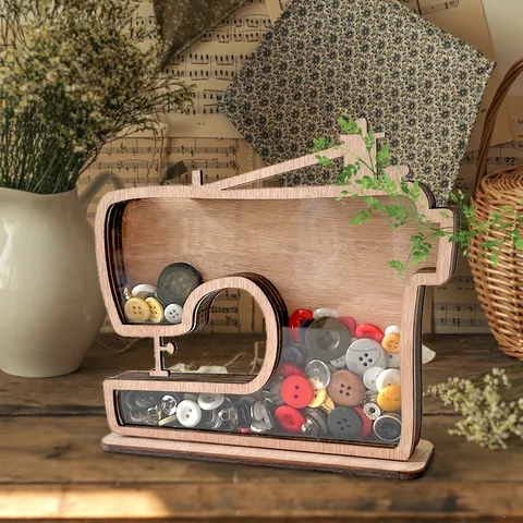 Wooden Sewing Machine Shaped Desktop Display Stand Creative Storage Box With Transparent Panel Wood Ornament