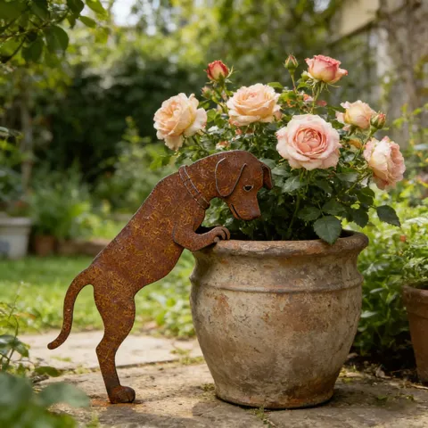 Vintage Iron Animal Silhouette Flower Pot Decoration Rust Colored Garden Statue Creative Metal Craft Art Decor