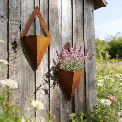 Rostfarbenes Eisen Wandbehang Pflanzgefäß Geometrischer Diamant Blumentopf Vintage Metall Wanddekoration Für Garten Haus Outdoor