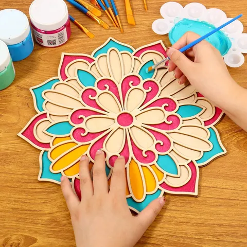 Sous-Verre en Bois Fleur de Mandala DIY Creux Sculpté Tenture Murale Festival Indien Nouvel An Décoration Intérieure Art Artisanat