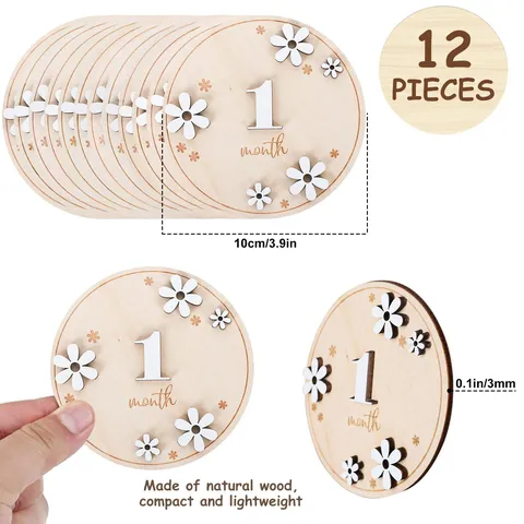 Wooden Baby Monthly Milestone Cards Set Double Layer Daisy Newborn Growth Record Photo Props Wood Nursery Decor