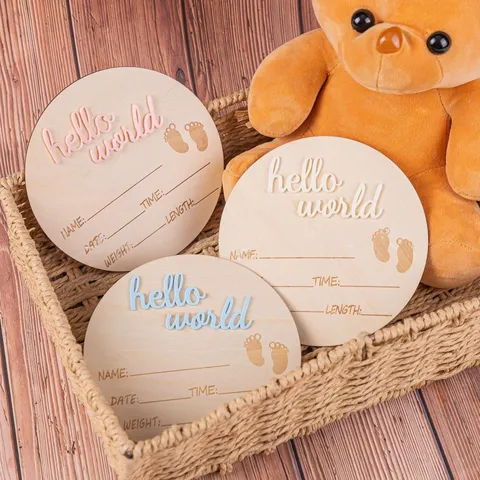 Wooden Newborn Announcement Board Hello World Baby Milestone Disc Newborn Photography Prop Nursery Decor