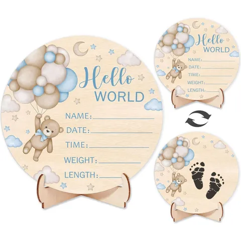 Hölzernes Baby Meilenstein Geburt Statistik Schild Neugeborenes Hallo Welt Ankündigung Tafel Teddybär Kinderzimmer Dekor Erinnerung Geschenk