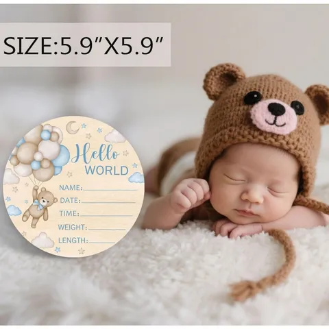 Hölzernes Baby Meilenstein Geburt Statistik Schild Neugeborenes Hallo Welt Ankündigung Tafel Teddybär Kinderzimmer Dekor Erinnerung Geschenk