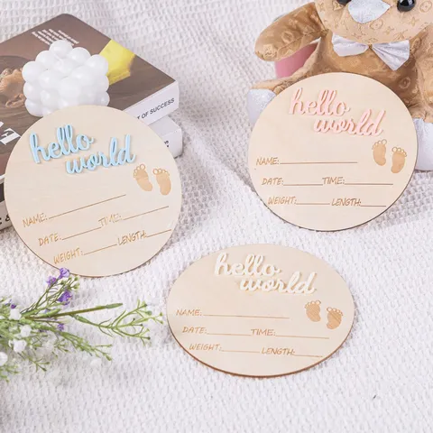 Wooden Newborn Announcement Board Hello World Baby Milestone Disc Newborn Photography Prop Nursery Decor
