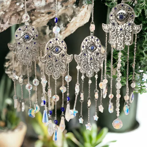 Evil Eye Sun Catcher Crystal Pendant Hamsa Hand Hanging Ornament Home Window Garden Decor Metal Alloy Clear Prisms