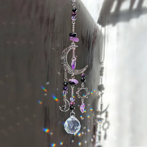 Natural Stone Crystal Sun Catcher Purple Amethyst Moon Star Metal Pendant Window Hanging Car Decor Home Ornament