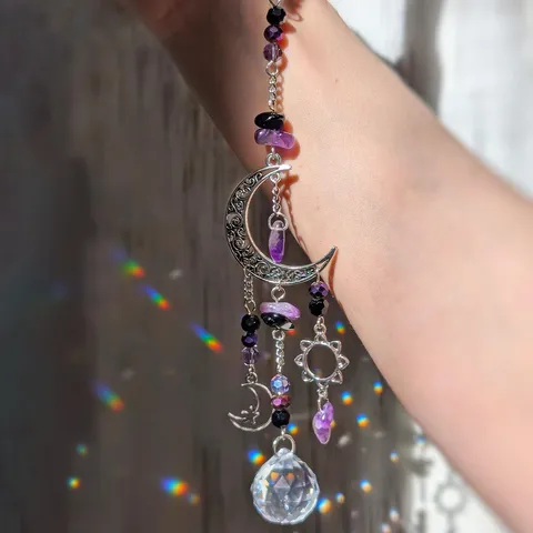 Natural Stone Crystal Sun Catcher Purple Amethyst Moon Star Metal Pendant Window Hanging Car Decor Home Ornament