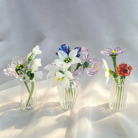 Colored Glaze Glass Flower Figurine Miniature Desktop Ornament Glass Vase Home Window Decor Birthday Gift