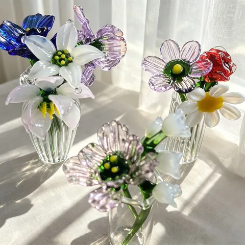 Colored Glaze Glass Flower Figurine Miniature Desktop Ornament Glass Vase Home Window Decor Birthday Gift