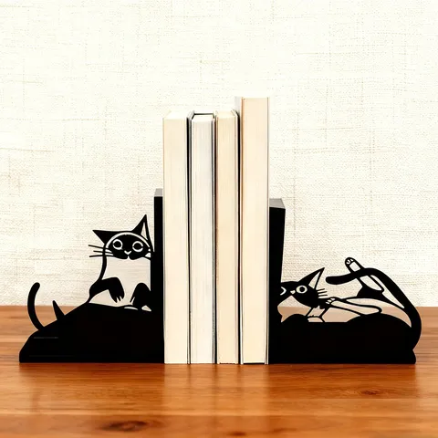Black Metal Cat Bookends Hollow Animal Iron Craft Desktop Ornaments Bookshelf Decorative Book Holder For Home Office