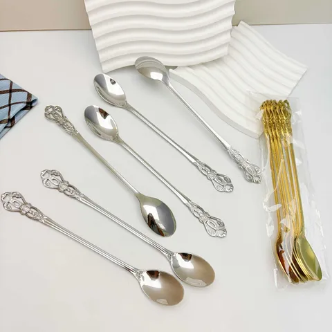 Stainless Steel Retro Palace Style Coffee Spoon Ice Spoon Long Handle Mixing Spoon Tableware Gold Silver Dinnerware