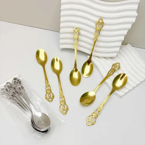 Stainless Steel Retro Palace Style Coffee Spoon Ice Spoon Long Handle Mixing Spoon Tableware Gold Silver Dinnerware