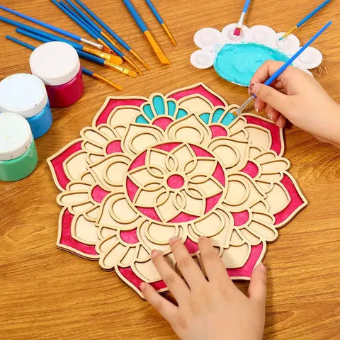 Art Mural en Bois Fleur de Mandala Sous-verre DIY Festival Indien de Diwali Décoration d'Intérieur Ornement Suspendu en Bois