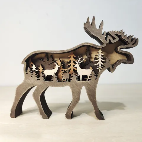 Wooden Animal Desktop Ornament Multi-Layer Hollow Carved Forest Wildlife Figurine Home Decor Gift