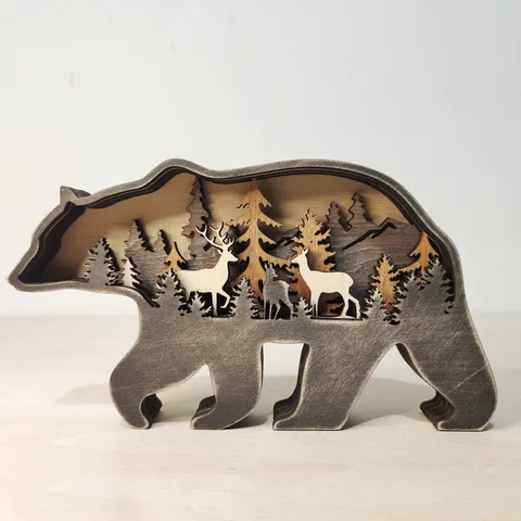 Wooden Animal Desktop Ornament Multi-Layer Hollow Carved Forest Wildlife Figurine Home Decor Gift