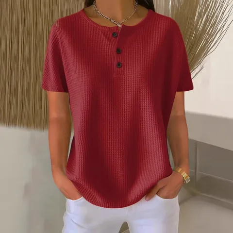 Γυναικείο Casual Monόχρωμο Κοντό Μανίκι Waffle Knit T-Shirt Στρογγυλή Λαιμόκοψη Basic Summer Pullover Top
